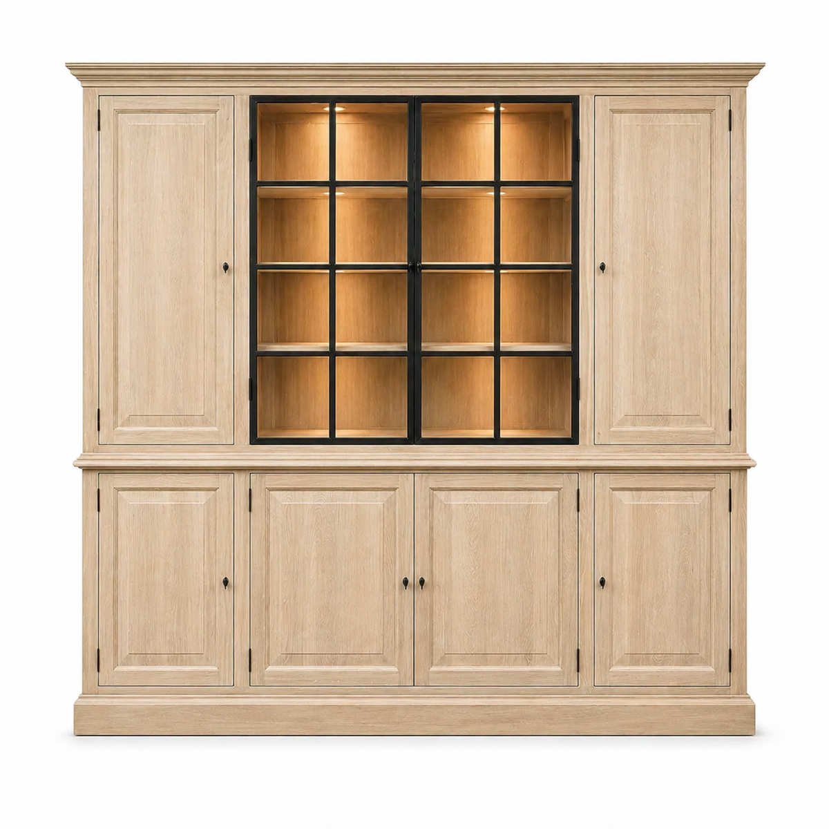 Natural oak Barton display cabinet with illuminated iron-framed glass display, front view