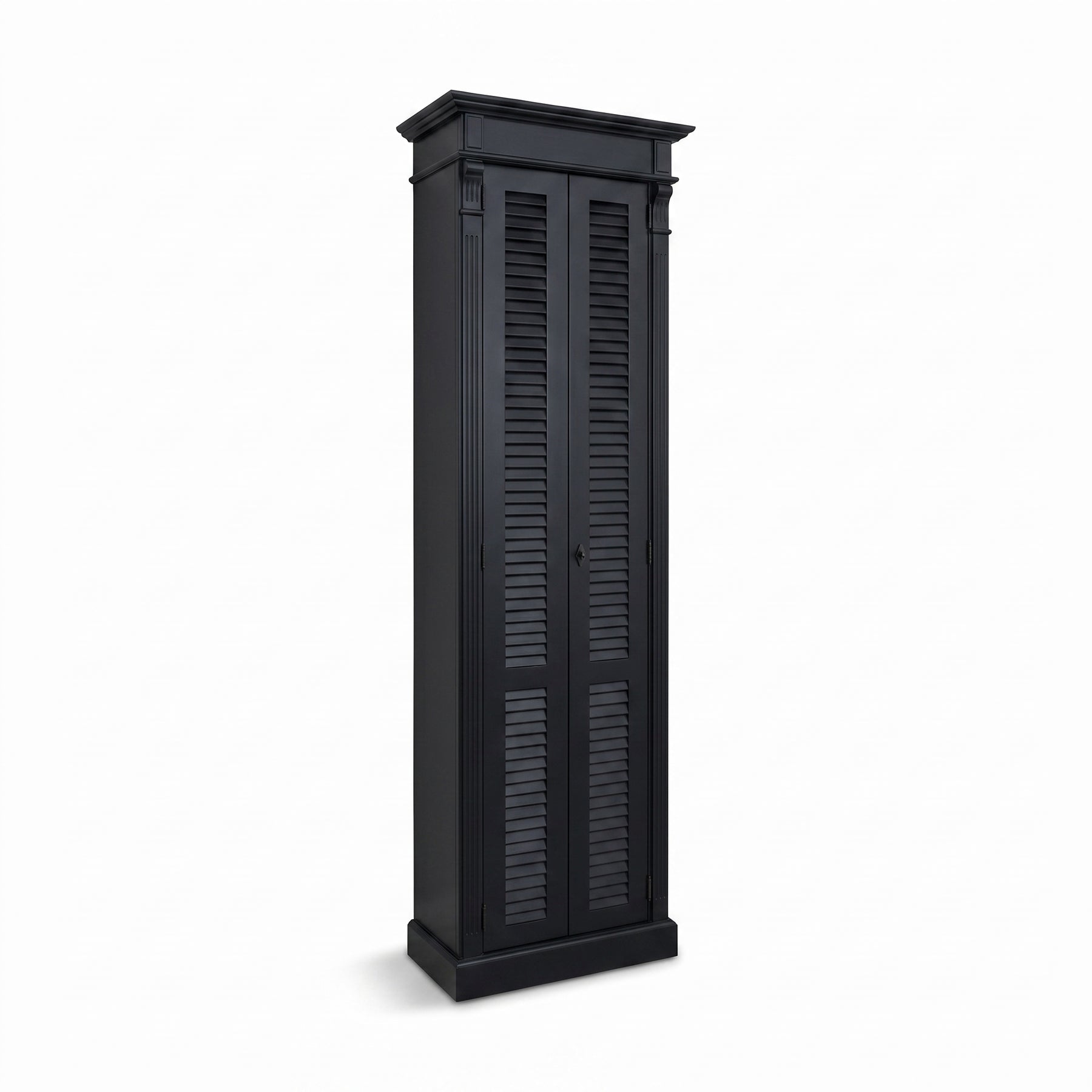 Cabinet Loudun in black, three-quarter view from the front left, 77 x 40 x 240 cm