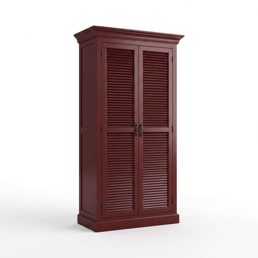 Cabinet Loudun in bordeaux, three-quarter view from the front left, 77 x 40 x 240 cm