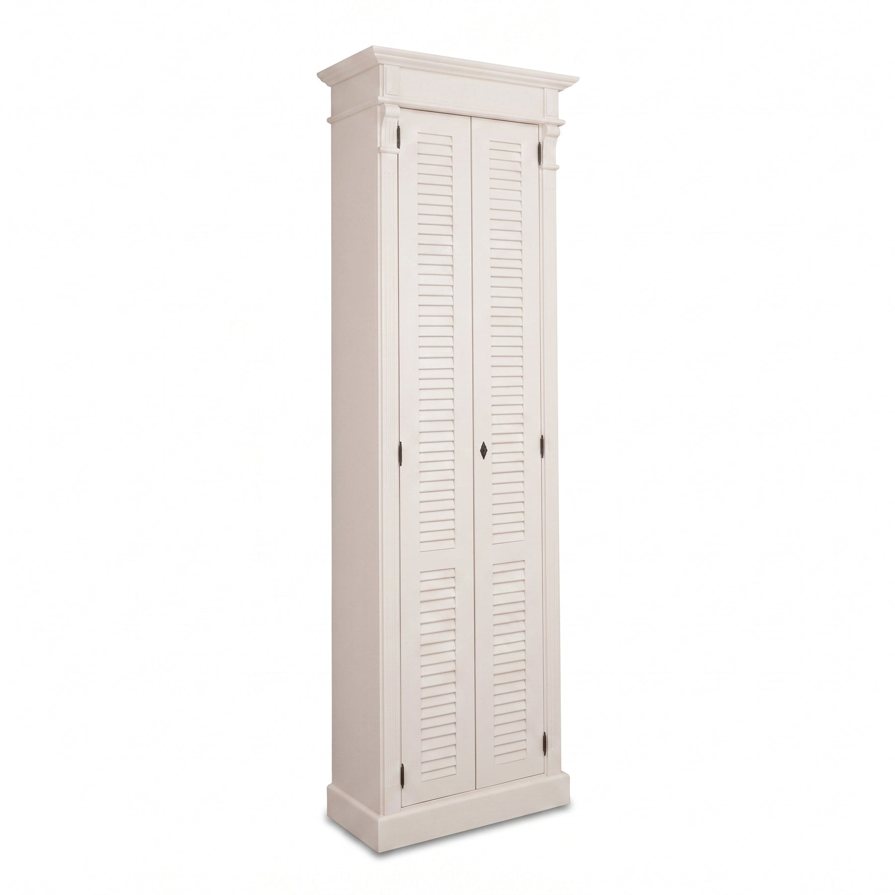 Cabinet Loudun in white, three-quarter view from the front left, 77 x 40 x 240 cm
