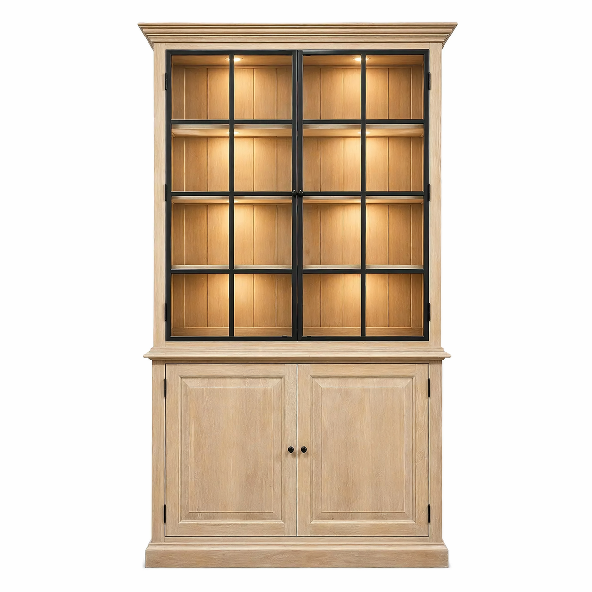 Country-style natural oak Soren display cabinet with warm LED-lit shelves and black glazed doors