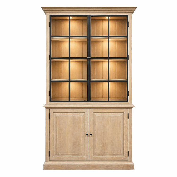 Country-style natural oak Soren display cabinet with warm LED-lit shelves and black glazed doors