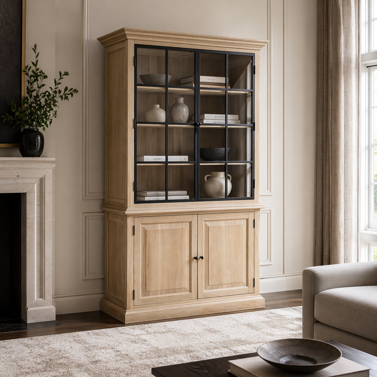 Natural oak Soren display cabinet styled in a living room, black window-pane glass doors, 130 cm wide