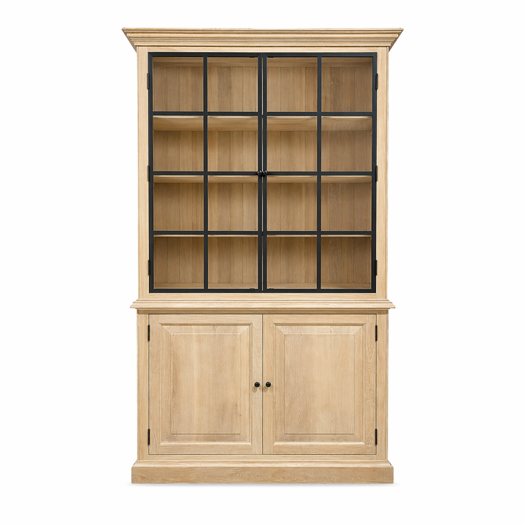 Country-style natural oak Soren display cabinet with black glazed window-pane doors, 130 cm wide, front view