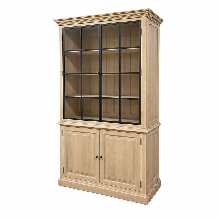 Country-style natural oak Soren display cabinet, three-quarter angle with black window-pane glass doors