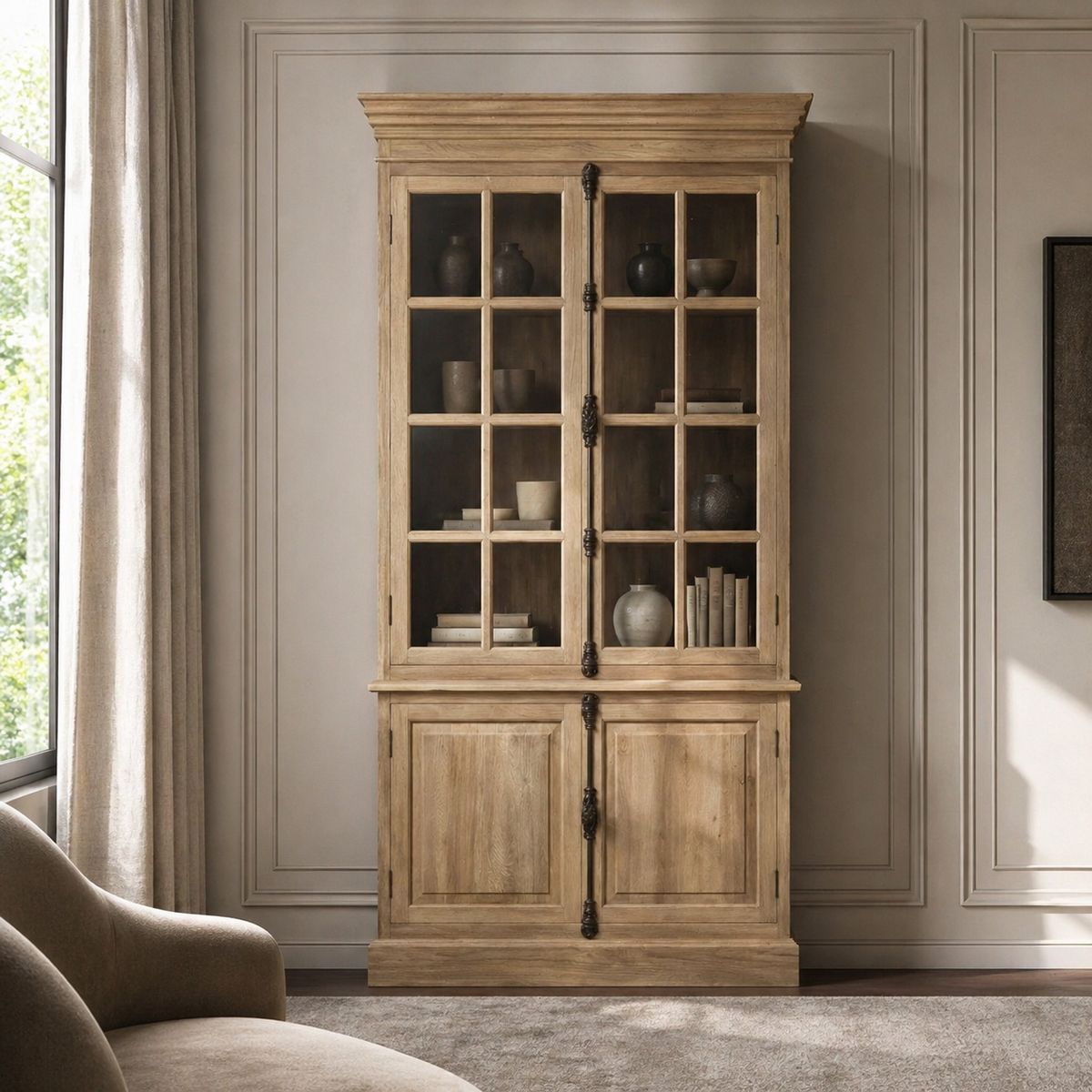 Natural oak Villars display cabinet styled with ceramics in a classic living room, 130 cm wide