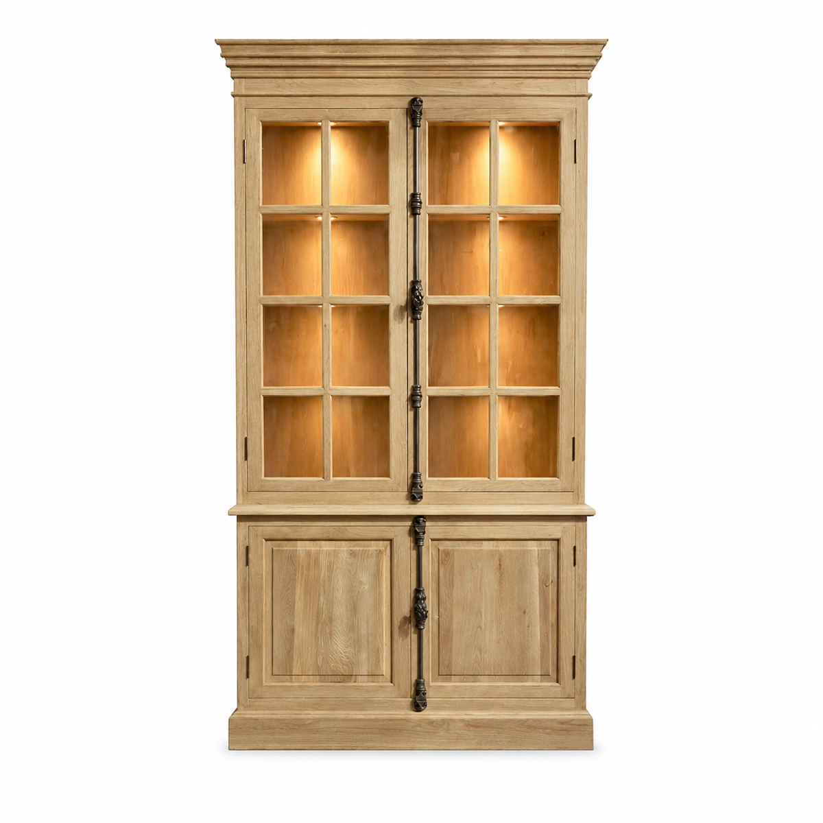 Country-style oak Villars display cabinet with illuminated glass shelves and forged iron handles, front view