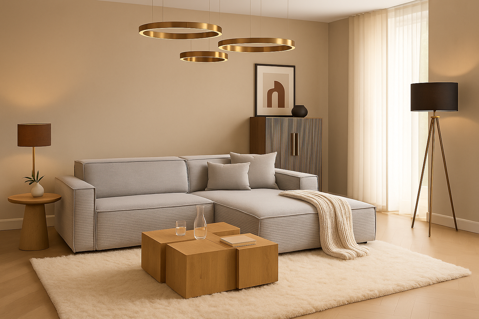 Sofa Midtown - Silber sectional sofa styled in a modern living room mit warm tones, perfect for urban interiors and cozy lounging.