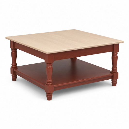 Country-style terracotta and natural oak Lumero coffee table with turned legs and lower shelf, angled view