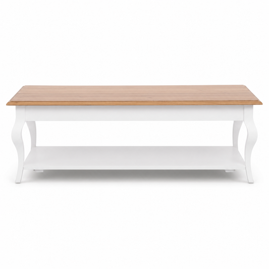 Country-style white and oak Perlo coffee table with lower storage shelf, front elevation, 45 cm high