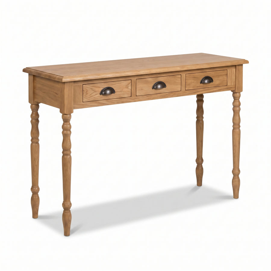 Console table Brouilly in oak, three-quarter view from the front left, 120 x 35 x 79 cm