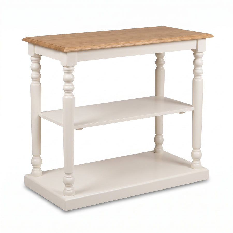 Console Table Fleurie in white with oak top, three-quarter view from the front left, 110 x 60 x 89 cm