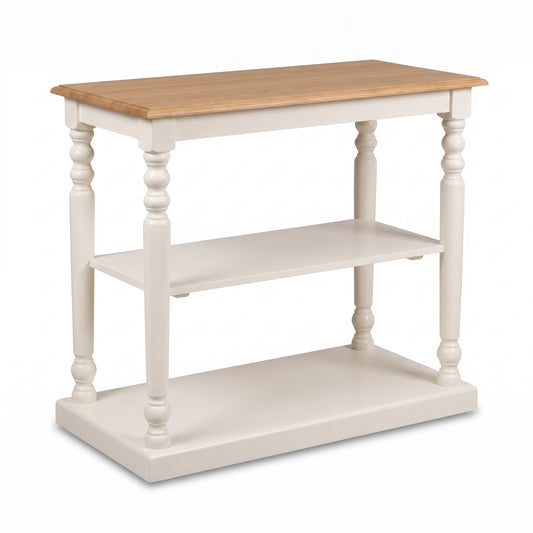 Console Table Fleurie in white with oak top, three-quarter view from the front left, 110 x 60 x 89 cm