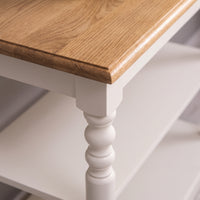Console Table Fleurie in white with oak top, close-up of the finish and construction, 110 x 60 x 89 cm