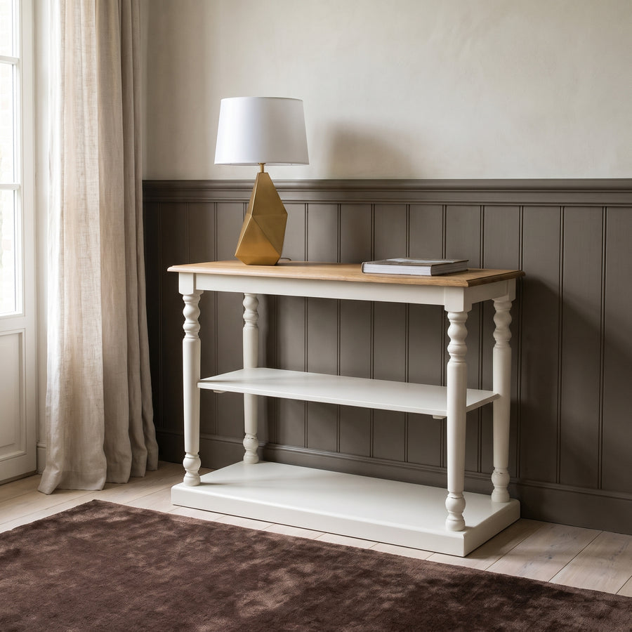 Console Table Fleurie in white with oak top, in an interior, 110 x 60 x 89 cm