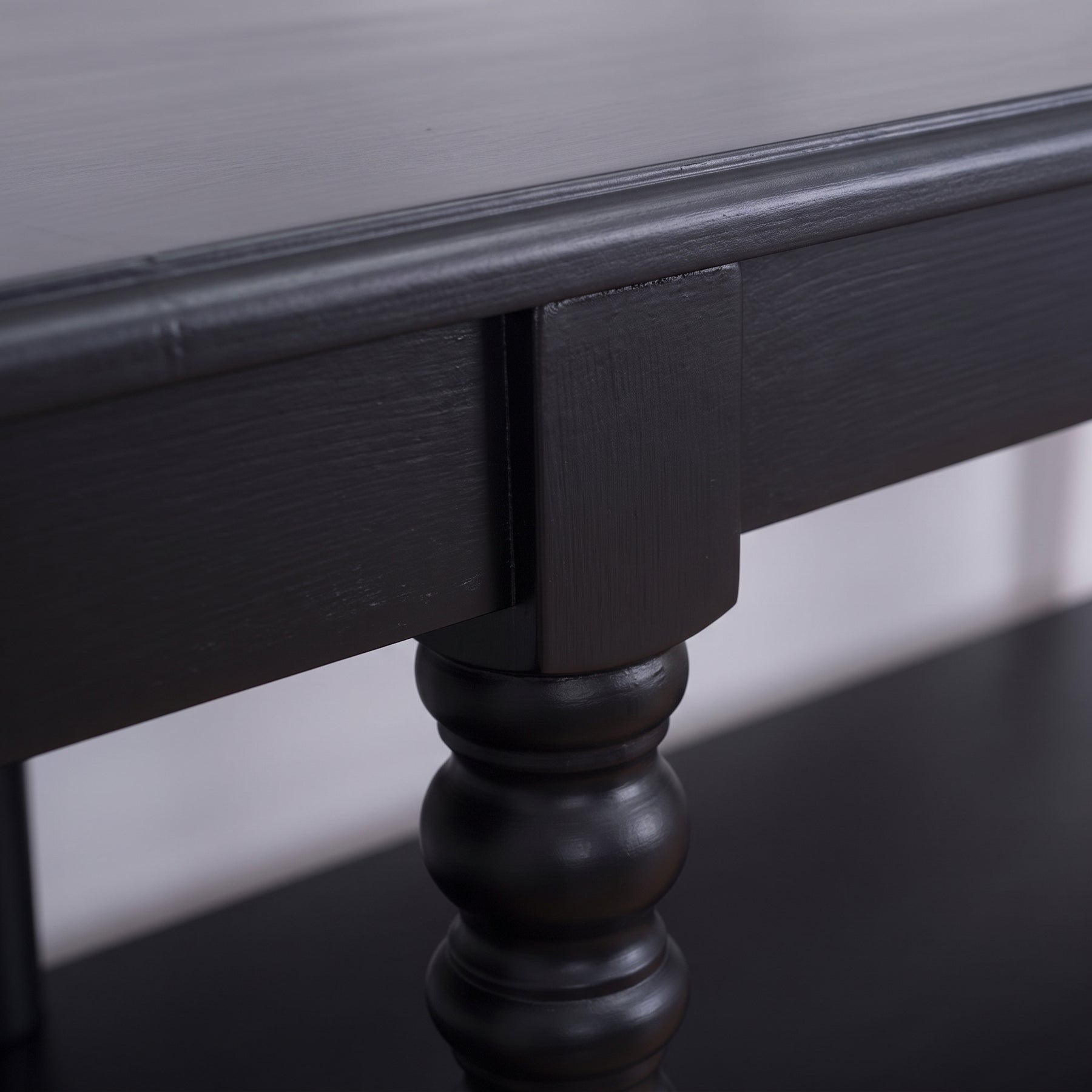Console table Jarnac in black, close-up of the finish and construction, 180 x 60 x 89 cm