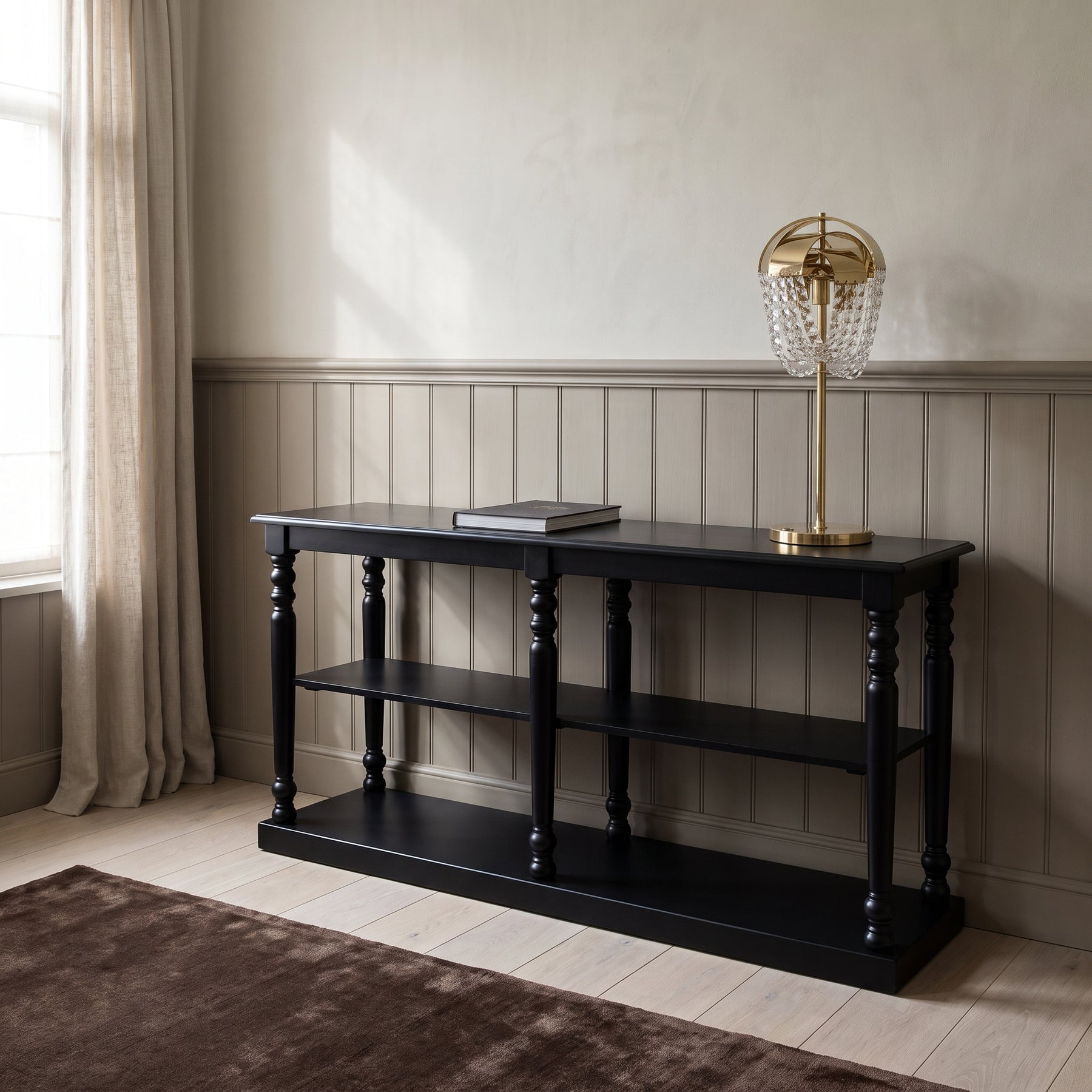 Console table Jarnac in black, in an interior, 180 x 60 x 89 cm