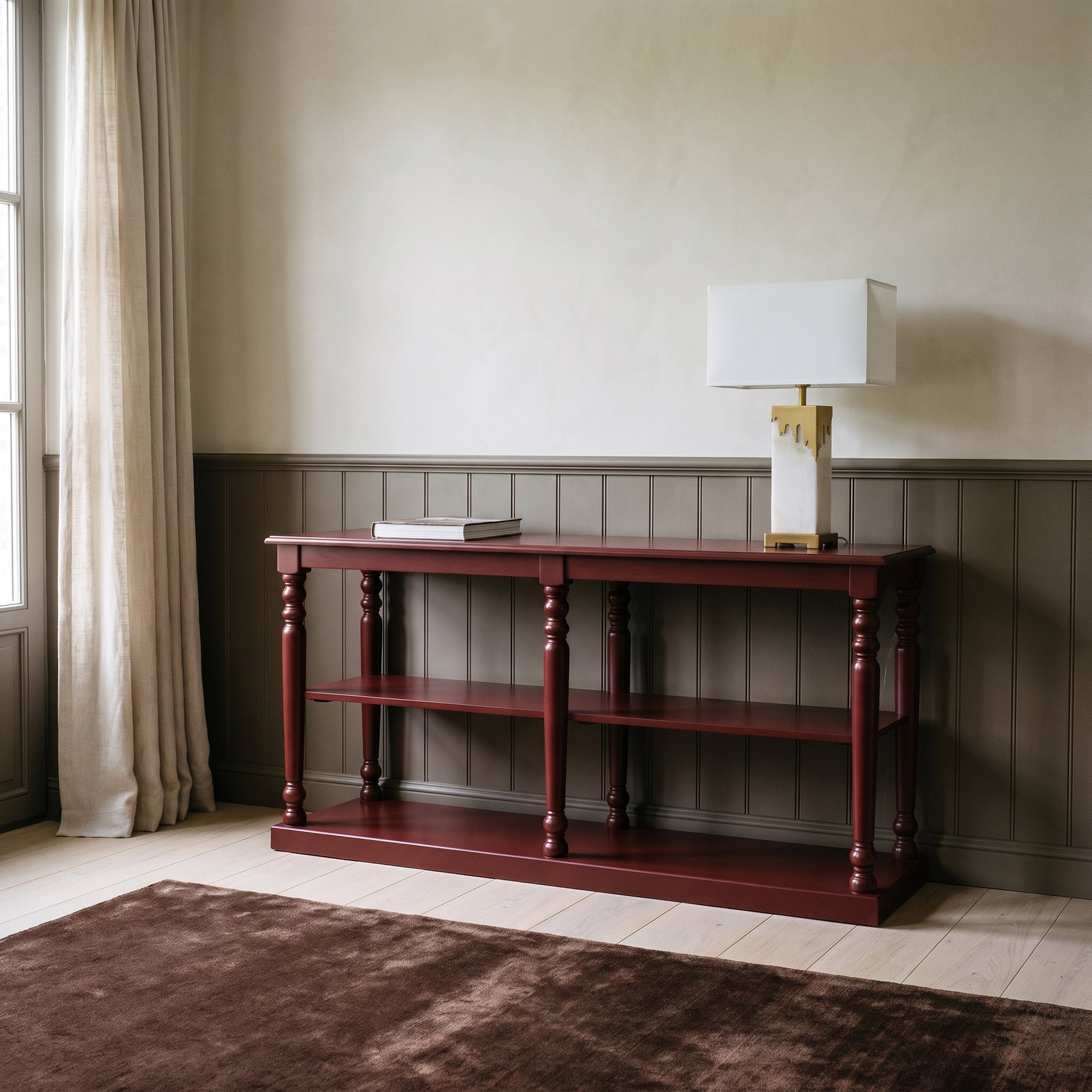 Console table Jarnac in bordeaux, in an interior, 180 x 60 x 89 cm