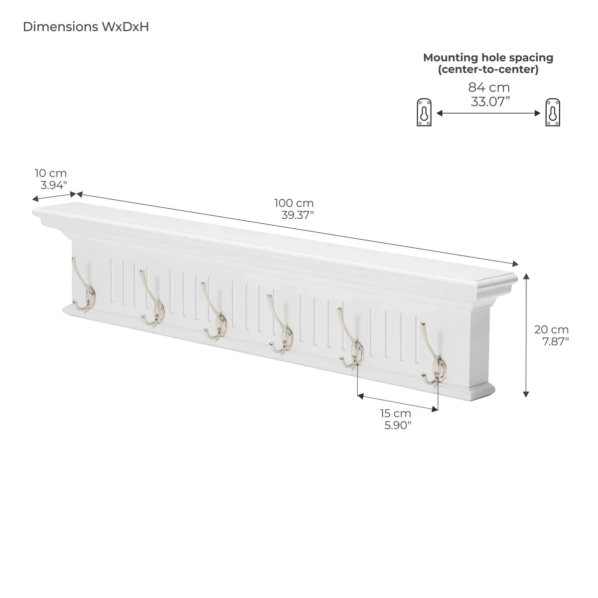 Skansen Coat Rack 6 Hooks with dimensions
