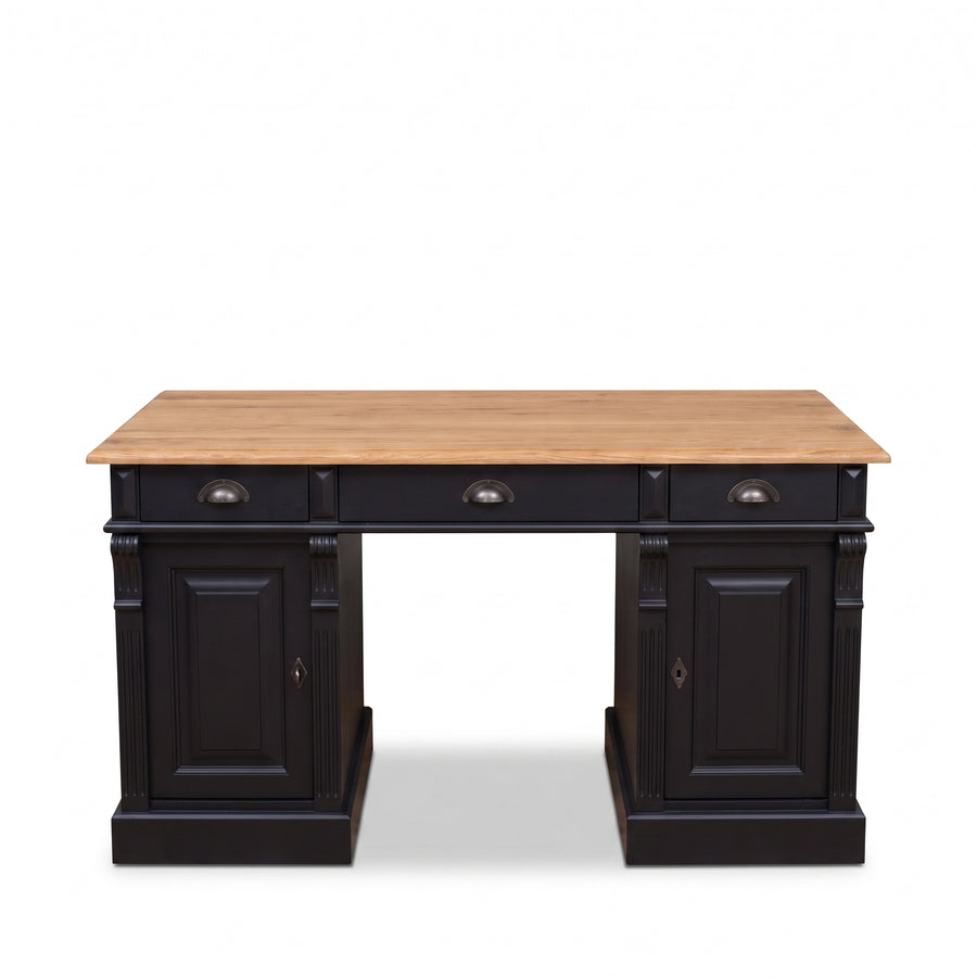 Desk Auxerre in black with oak top, front view, 140 x 70 x 78 cm