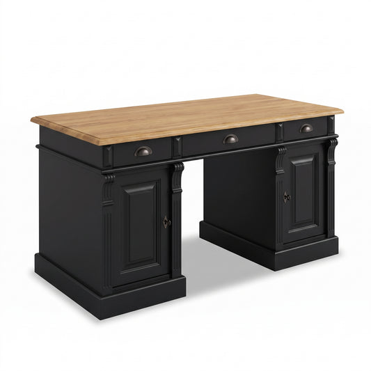 Desk Auxerre in black with oak top, three-quarter view from the front left, 140 x 70 x 78 cm