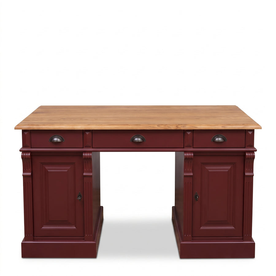 Desk Auxerre in bordeaux with oak top, front view, 140 x 70 x 78 cm
