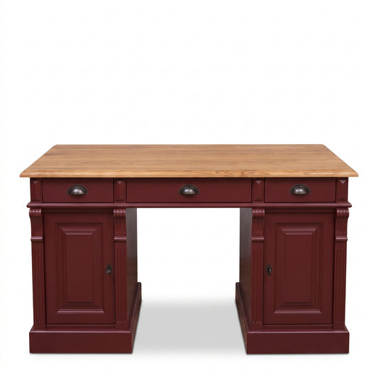Desk Auxerre in bordeaux with oak top, front view, 140 x 70 x 78 cm