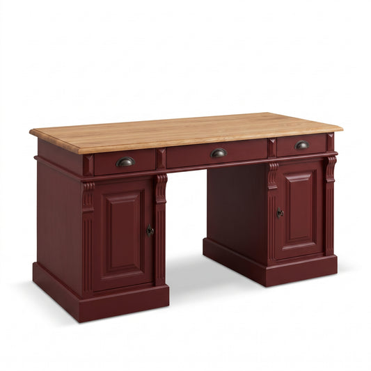 Desk Auxerre in bordeaux with oak top, three-quarter view from the front left, 140 x 70 x 78 cm