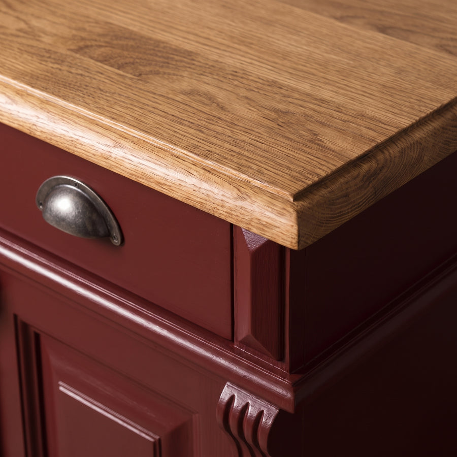 Desk Auxerre in bordeaux with oak top, close-up of the finish and construction, 140 x 70 x 78 cm
