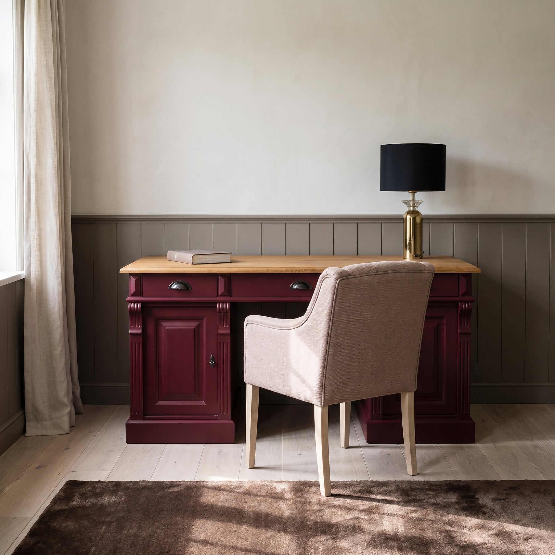 Desk Auxerre in bordeaux with oak top, in an interior, 140 x 70 x 78 cm