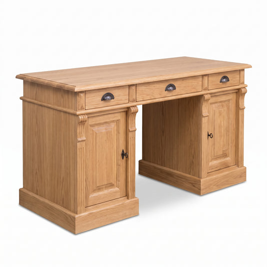 Desk Auxerre in solid oak, three-quarter view from the front left, 140 x 70 x 78 cm
