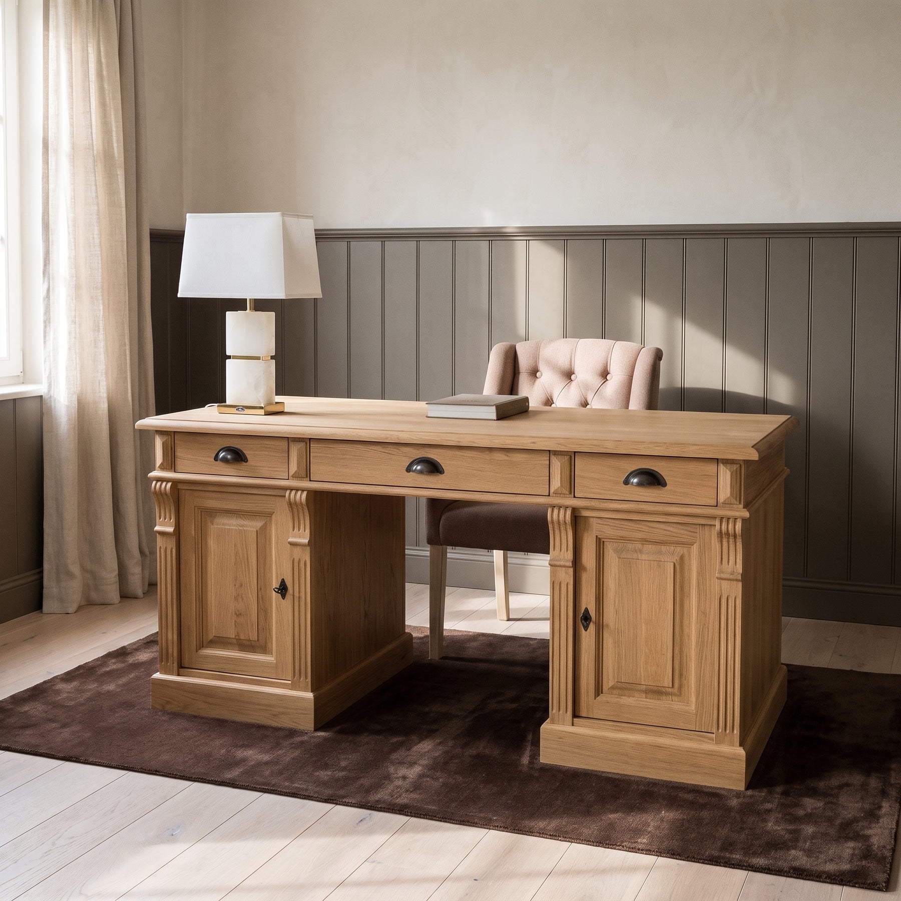 Desk Auxerre in solid oak, in an interior, 140 x 70 x 78 cm