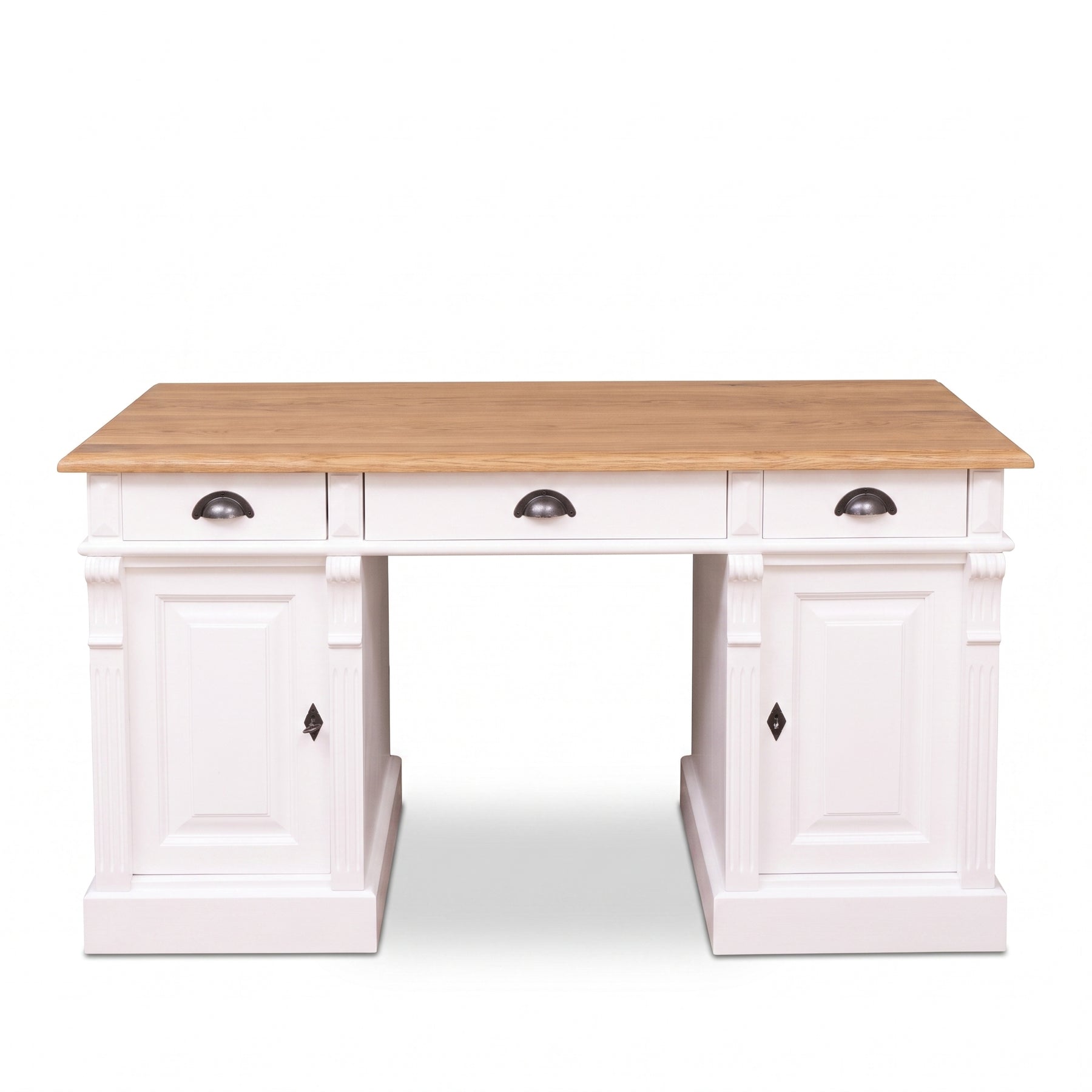 Desk Auxerre in white with oak top, front view, 140 x 70 x 78 cm