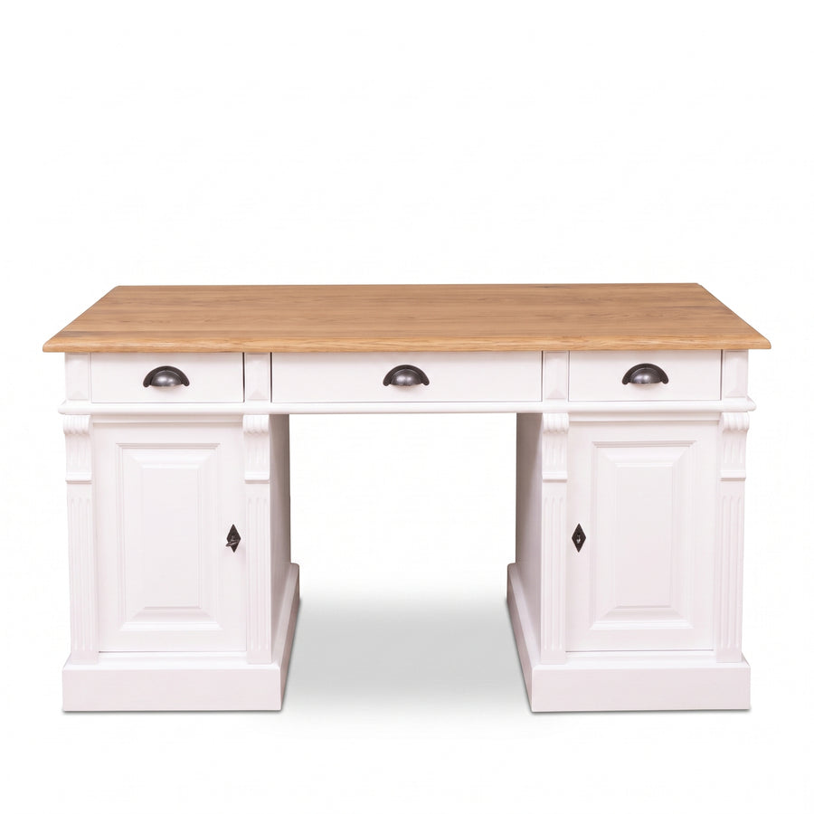 Desk Auxerre in white with oak top, front view, 140 x 70 x 78 cm