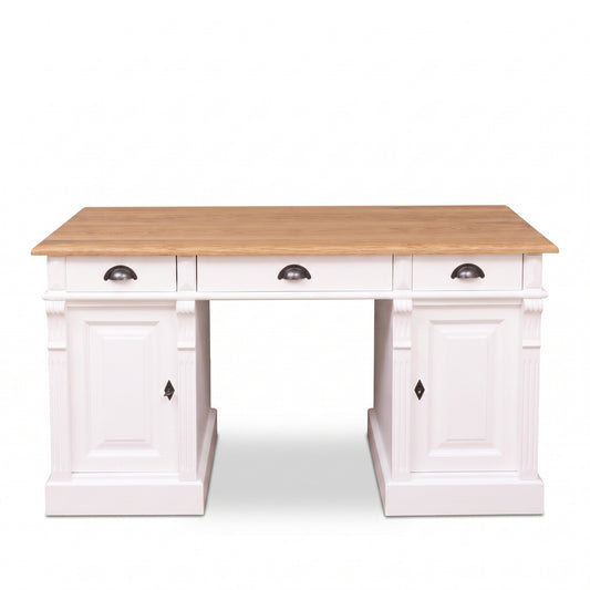 Desk Auxerre in white with oak top, front view, 140 x 70 x 78 cm