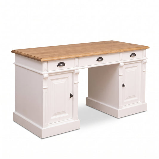 Desk Auxerre in white with oak top, three-quarter view from the front left, 140 x 70 x 78 cm