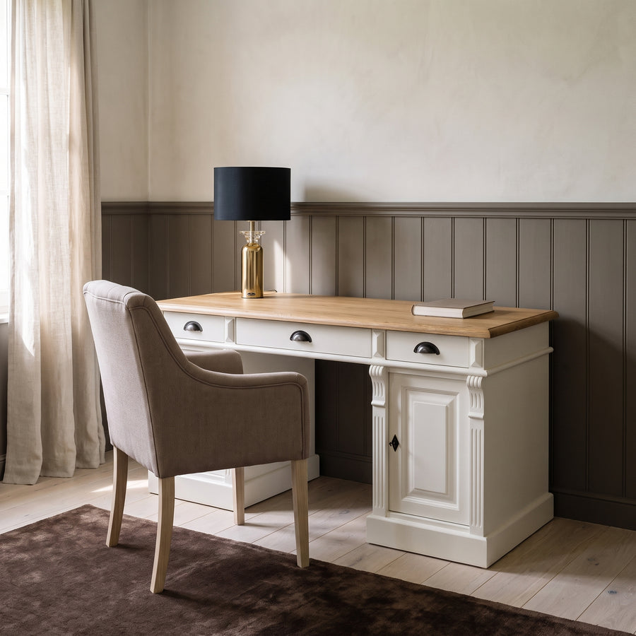 Desk Auxerre in white with oak top, in an interior, 140 x 70 x 78 cm