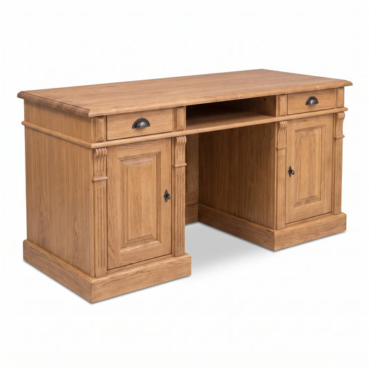 Desk Montreuil in solid oak, three-quarter view from the front left, 160 x 70 x 78 cm