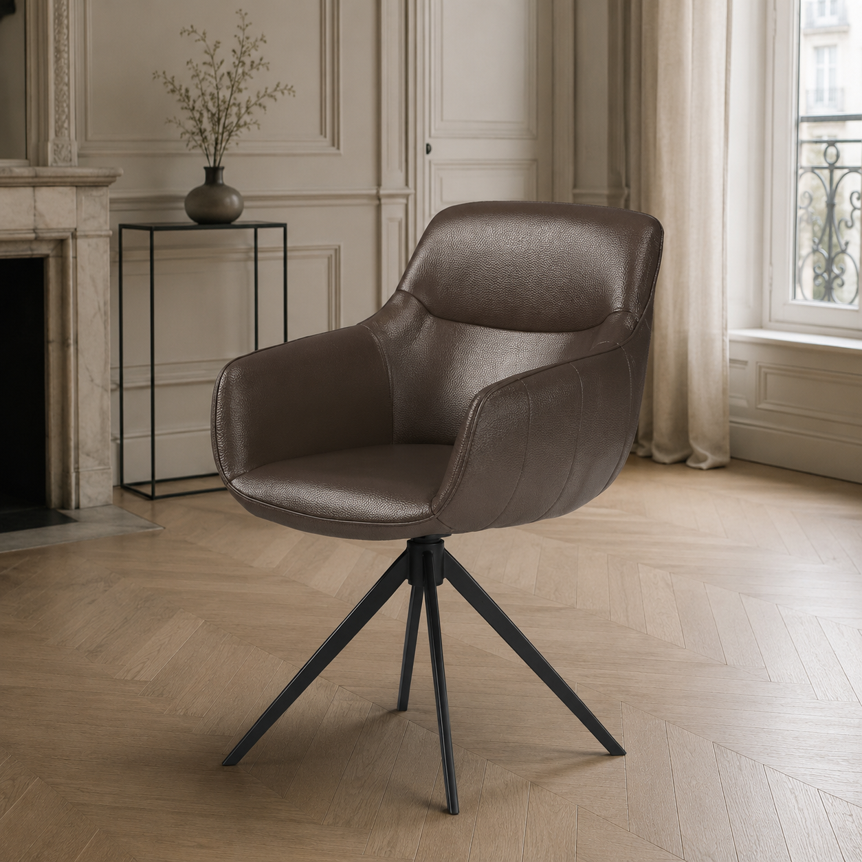 Dining Chair Ferrara - Dark Brown Leather & Black Swivel Base - 61 x 61 x 85 cm