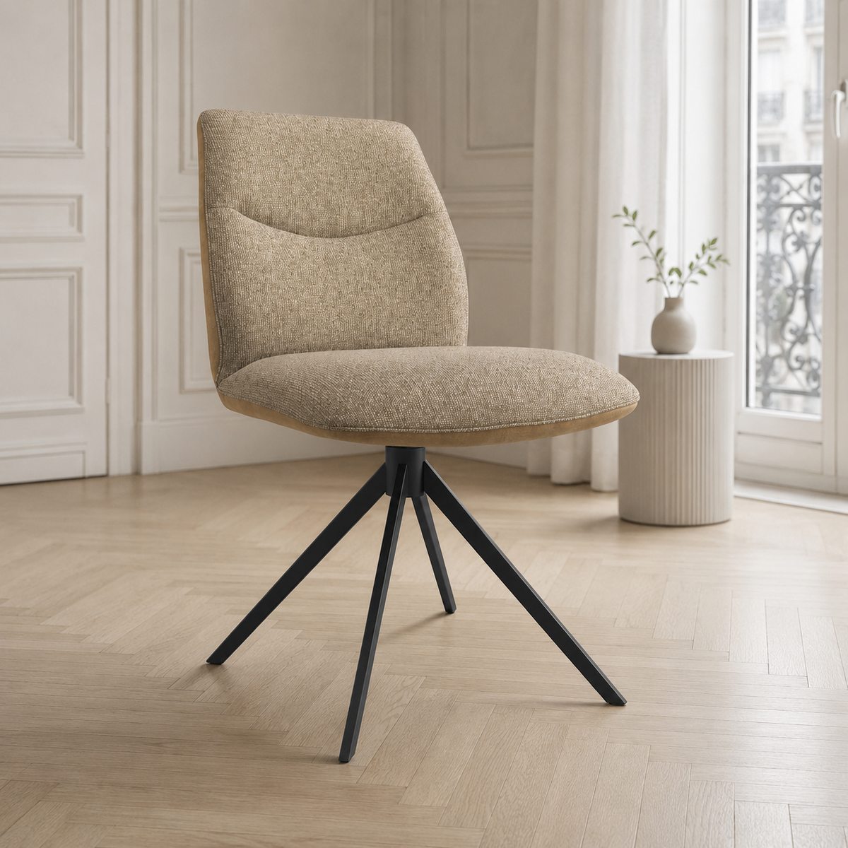 Chaise à manger Ferrara sans bras - Tissu Taureau beige 16 & Base pivotante noire - 46 x 63 x 84.5 cm