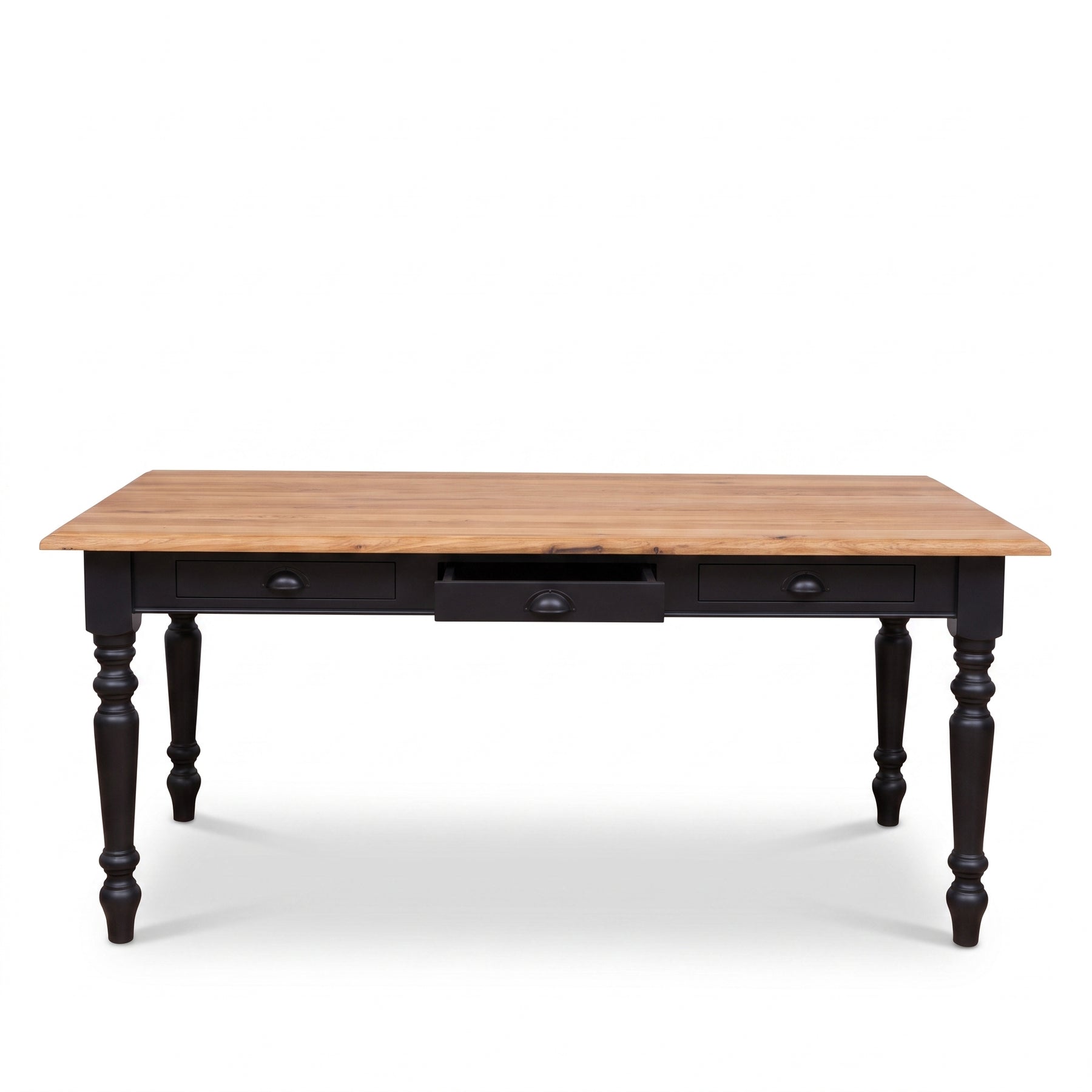 Dining Table Chablis in black with oak top, front view, 160 x 90 x 78 cm