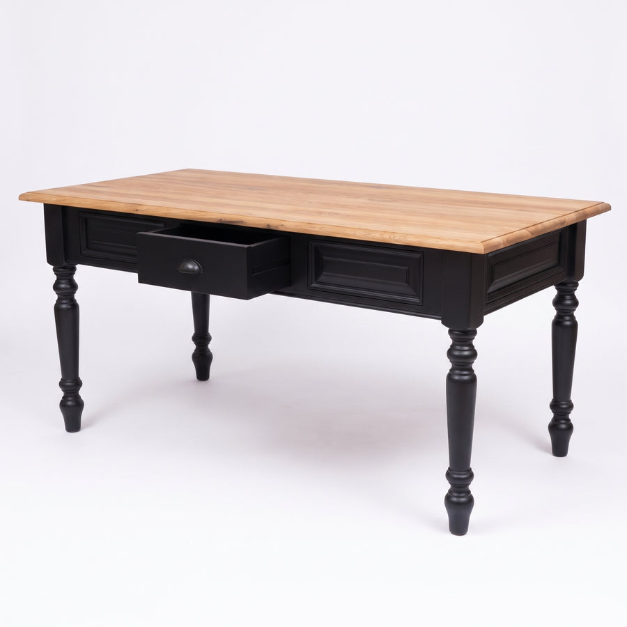 Dining Table Chablis in black with oak top, three-quarter view from the front left, 160 x 90 x 78 cm