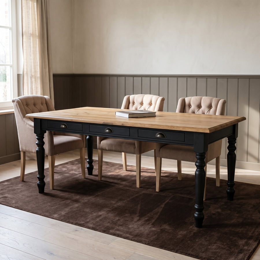 Dining Table Chablis in black with oak top, in an interior, 160 x 90 x 78 cm