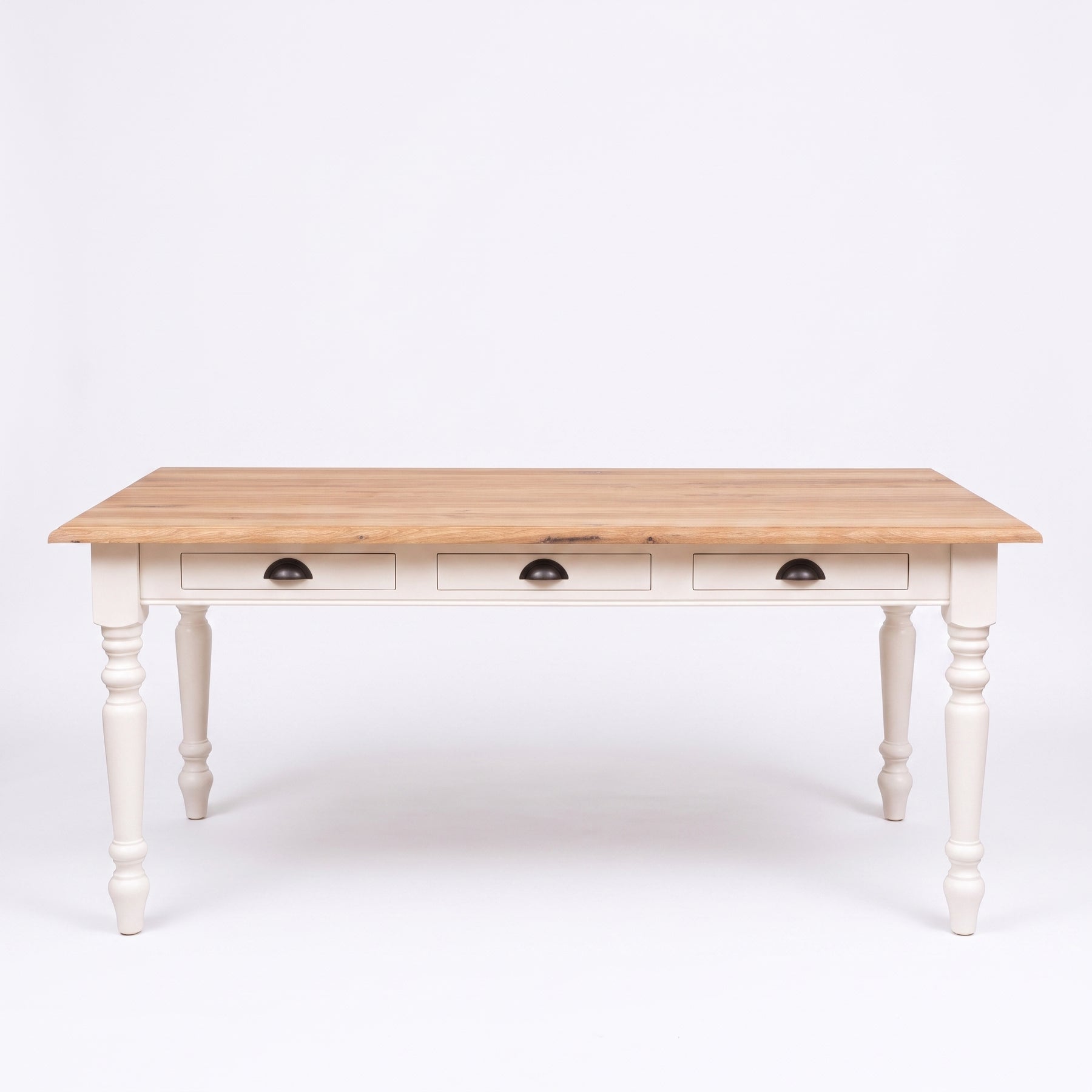 Dining Table Chablis in white with oak top, front view, 160 x 90 x 78 cm
