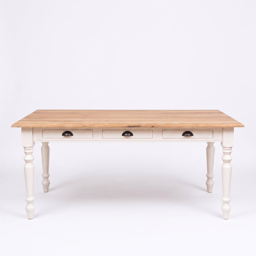 Dining Table Chablis in white with oak top, front view, 160 x 90 x 78 cm