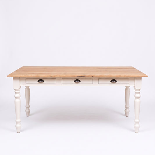 Dining Table Chablis in white with oak top, front view, 160 x 90 x 78 cm