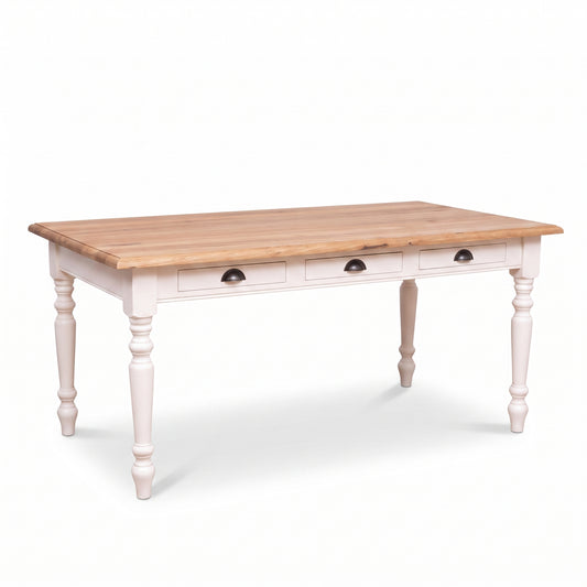 Dining Table Chablis in white with oak top, three-quarter view from the front left, 160 x 90 x 78 cm