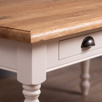Dining Table Chablis in white with oak top, close-up of the finish and construction, 160 x 90 x 78 cm