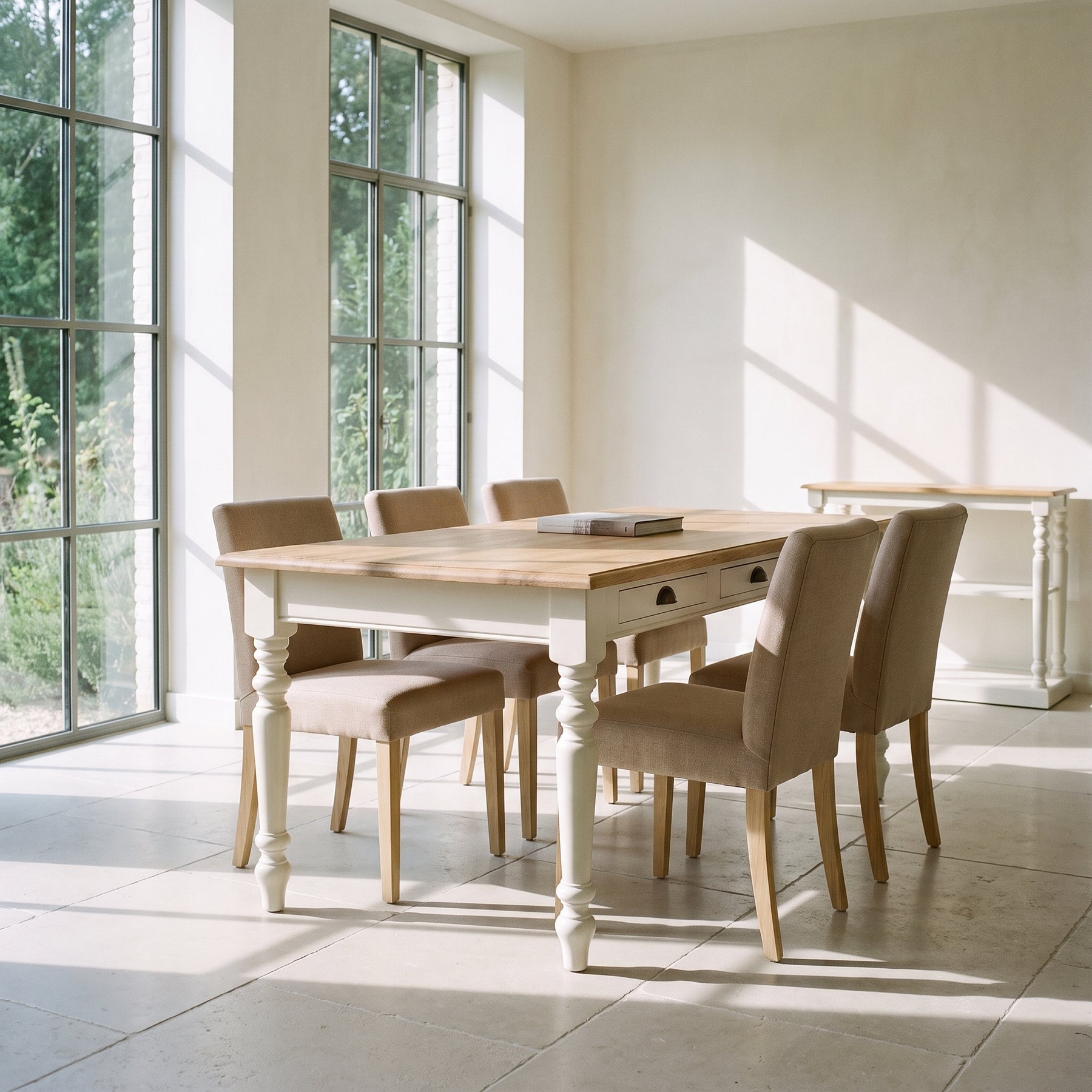Dining Table Chablis in white with oak top, in an interior, 160 x 90 x 78 cm
