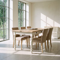 Dining Table Chablis in white with oak top, in an interior, 160 x 90 x 78 cm